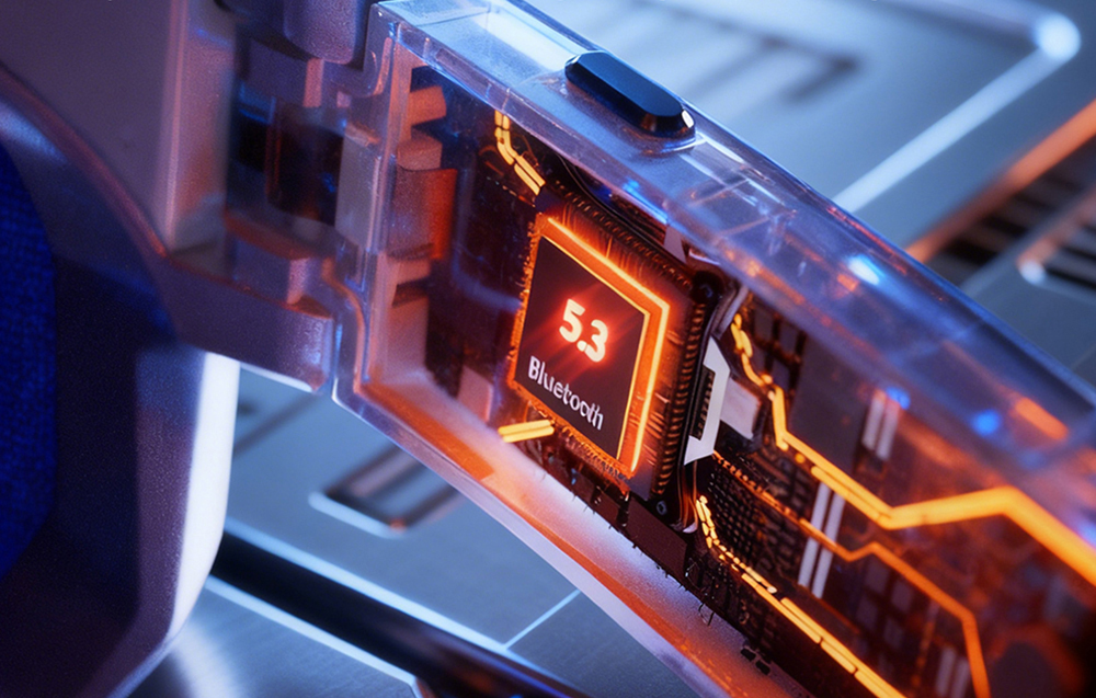 Close-up of a backlit Bluetooth 5.3 chip inside a transparent device casing