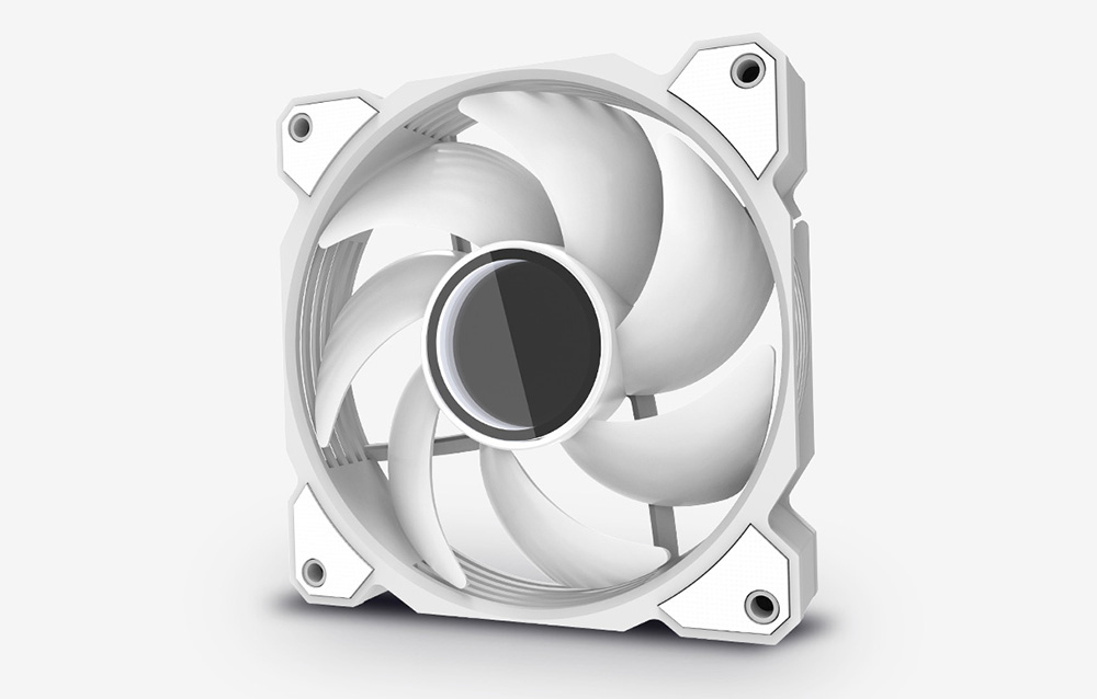 A white computer fan with contoured blades against a light background