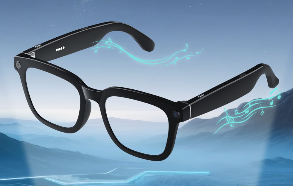 Black smart sunglasses floating against a mountain backdrop, with graphic symbols of musical notes and sound waves.