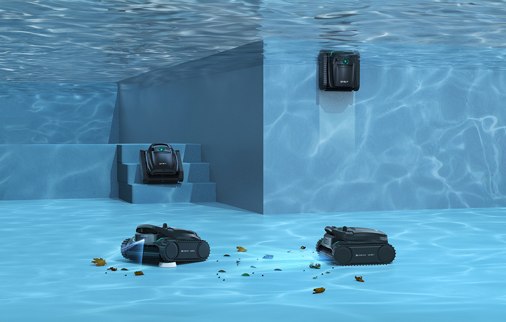 Wybot M2 robots cleaning the walls and bottom of the pool with visualization of movement paths