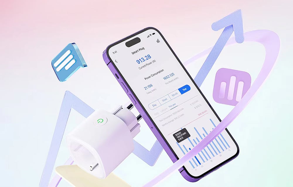 Purple smartphone with an energy monitoring app floating next to a white smart plug against a background of pastel graphic elements and charts