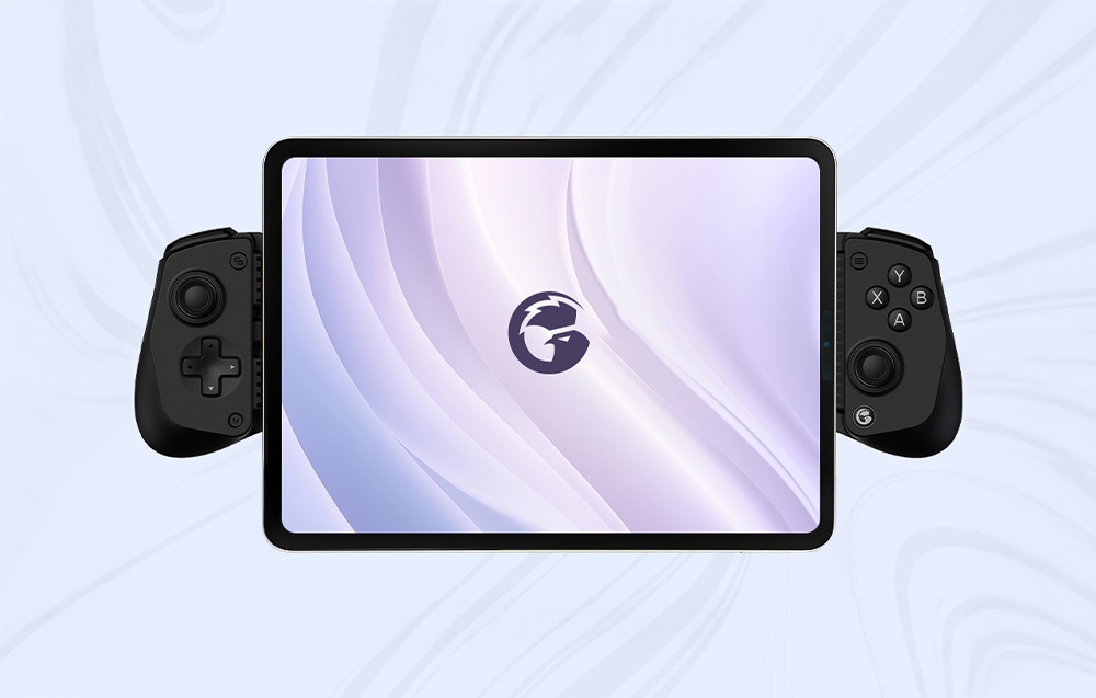 A tablet with the GameSir logo mounted in a black controller, shown against a light background.