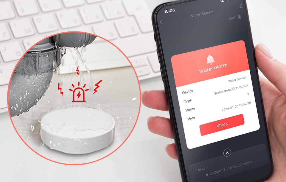 Flood sensor under leaking water pipe and smartphone screen showing water detection alert