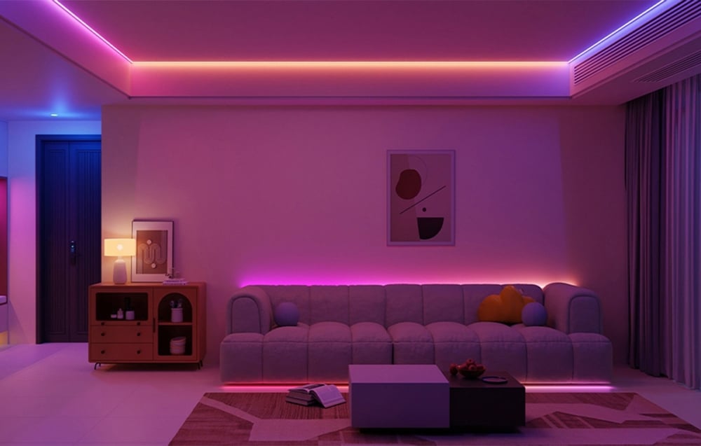 Living room illuminated with colored LED strip