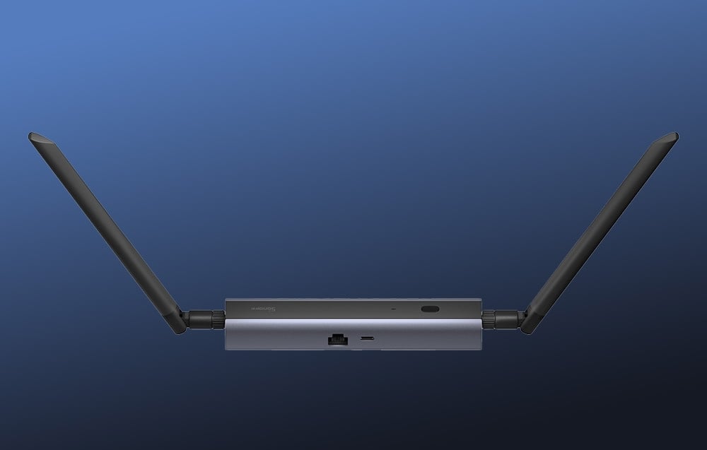 ZigBee Sonoff gateway with Ethernet port on dark background.