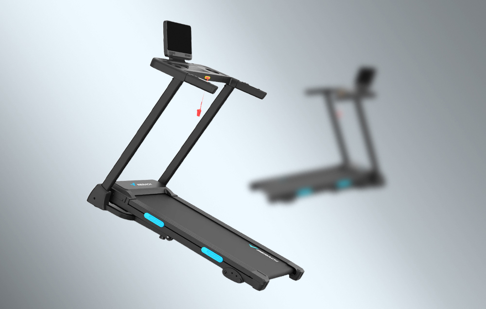 Merach treadmill shown in dynamic shot against gray background