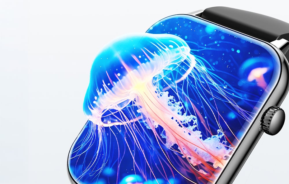 Close-up of a black Colmi smartwatch face displaying a three-dimensional, glowing, blue-pink jellyfish